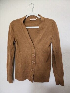 Tory Burch Camel V-Neck Logo-Button Cardigan